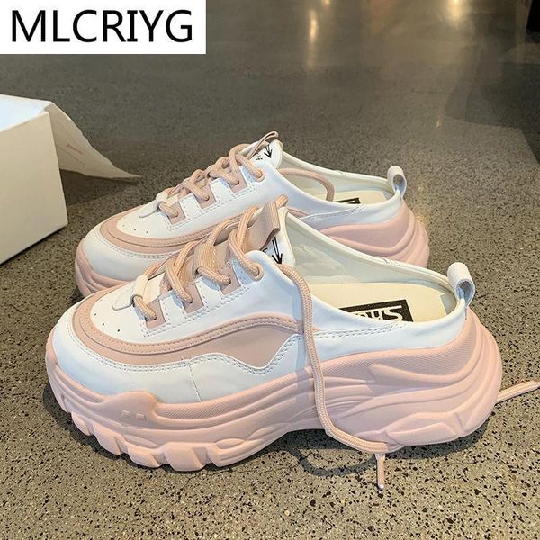 

spring women casual shoes comfortable half-drag fashion baotou color matching lazy platform sneakers slippers, Black