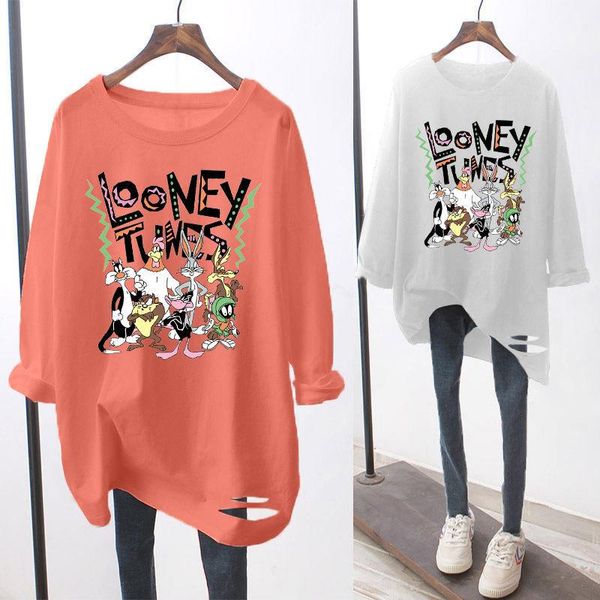 

women's t-shirt 2021 korean version long-sleeved women printed loose bottoming shirt plus size hollow out shirts for, White