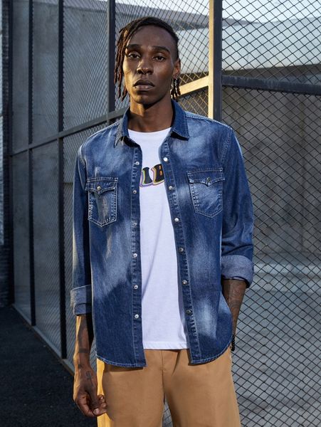 

men tie dye flap pocket denim shirt w1ku#, Blue