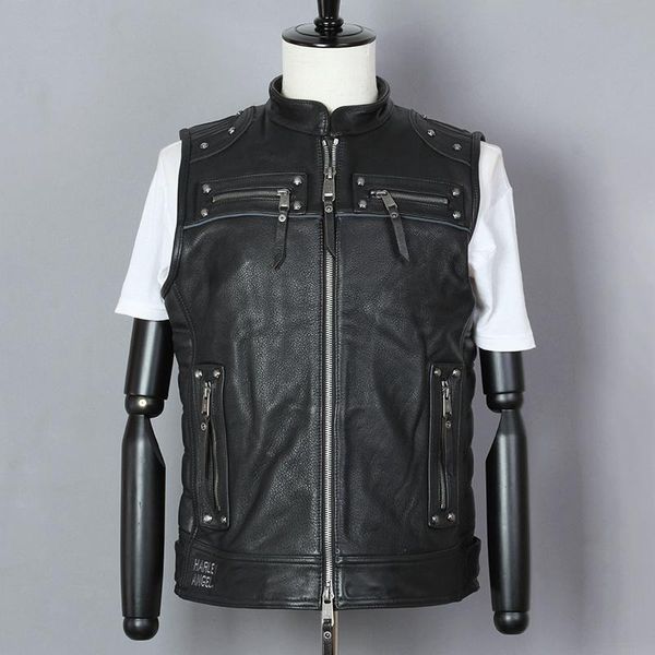 

men's leather & faux professional fashion 2021 motorcycle biker vest cowskin genuine jacket men rivet black stand coat sleeveless