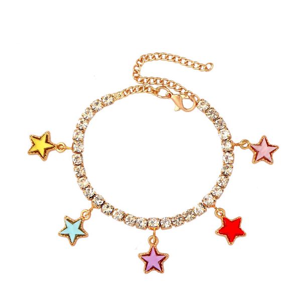 

fashion cute five color star pendant bracelets for women bohemian shiny rhinestone gold metal tennis chain trendy jewelry gifts link,, Black
