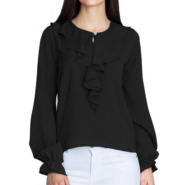 

women's t-shirt chiffon autumn fashion casual solid color round collar ruffled long sleeved, White