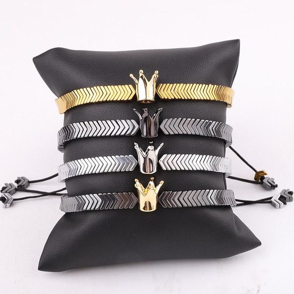 

beaded, strands design hematite beads crown charm friendship macrame adjustable bracelet for men, Black