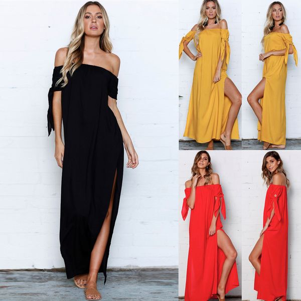 

2020 new women fashion off shoulder summer maxi dresses woman split flutter flutter sleeve solid color clothes party beach dress, Black;gray