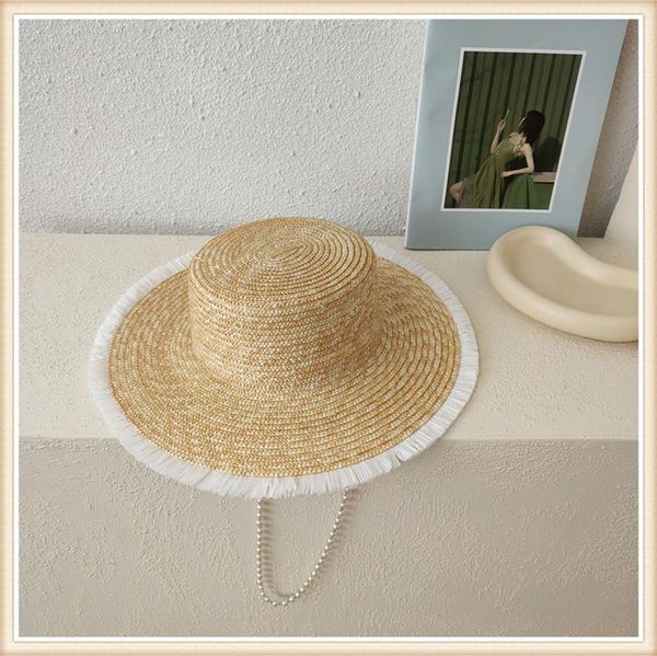 

stingy brim hats 202106-maynu summer handmade straw tassels sandy pearl chain beach lady fedoras cap women leisure holiday hat, Blue;gray