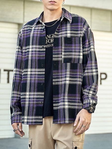 

men plaid print drop shoulder shirt 42vq#, White;black