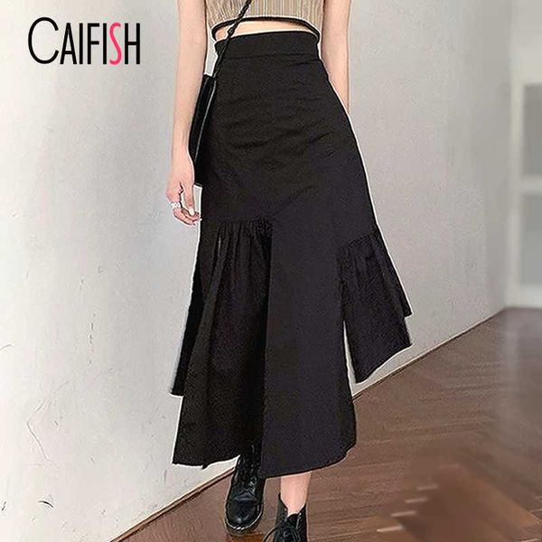 Юбки Caifish Fishtail Bodycon Asymmetrial юбка с высокой талией Черный Maxi Корейская мода Streetwear Элегантный Длинный QT1365