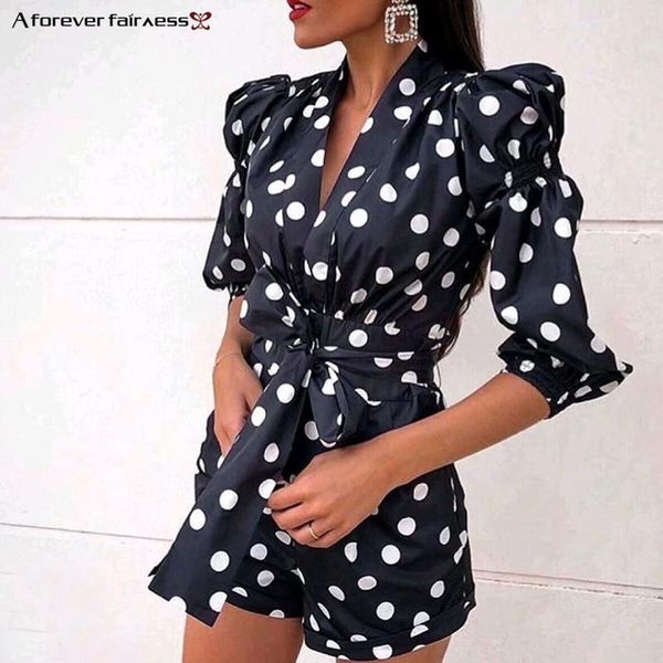 

women's jumpsuits & rompers a forever fairness women autumn playsuits polka dot print v-neck pleated lace up casual bodysuits -1205, Black;white