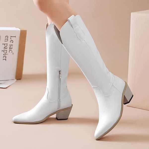 

boots fashion knee high western cowboy for women long winter pointed toe cowgirl wedges motorcycle, Black