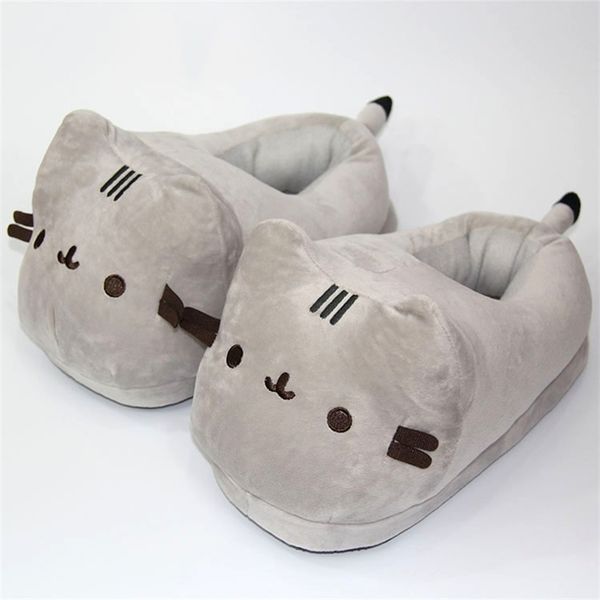 

cartoon full covered cat slippers warm winter slides soft plush doll indoor cute anime bedroom shoes for man woman home use 211020, Black