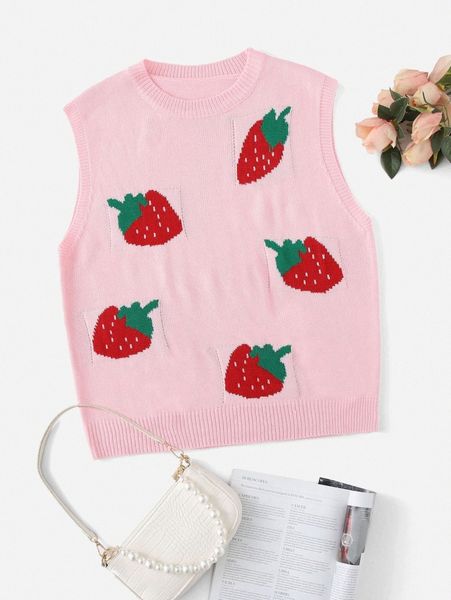 

plus strawberry pattern sweater vest f1vs#, Black