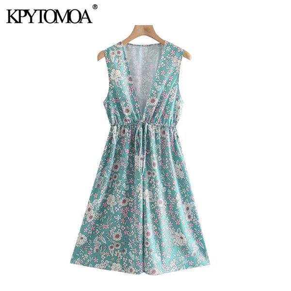 Mulheres Chique moda com cordão floral impressão mini vestido vintage v neck sem mangas vestidos femininos vestidos 210416