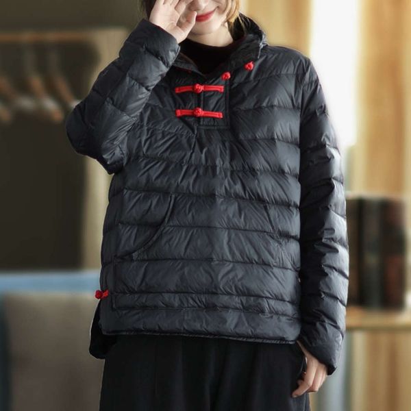 

winter dish short hooded white duck down jacket loose thin women, Black