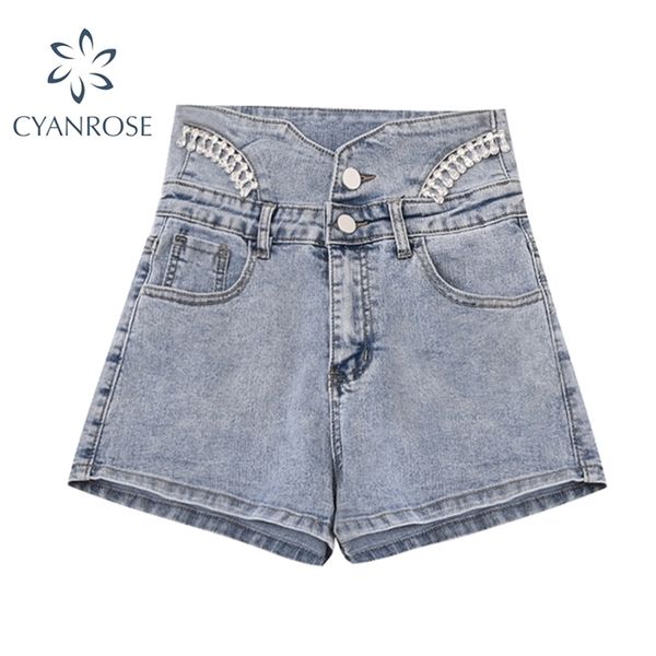 Pantaloncini di jeans estivi con applicazioni a vita alta Jeans dal design irregolare Streetwear Blu chiaro Slim Casual Donna 210515