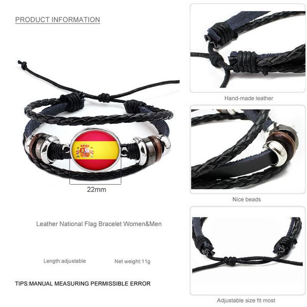 

charm bracelets world cup soccer sports bracelet 10 national flags charm black braided leather adjustable bangle for women&men fashion fans, Golden;silver