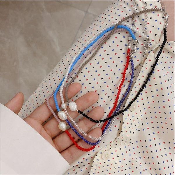 

chokers 2021 korea vintage geometric colorful beaded handmade clavicle chain pearl necklace for women girls jewelry, Golden;silver