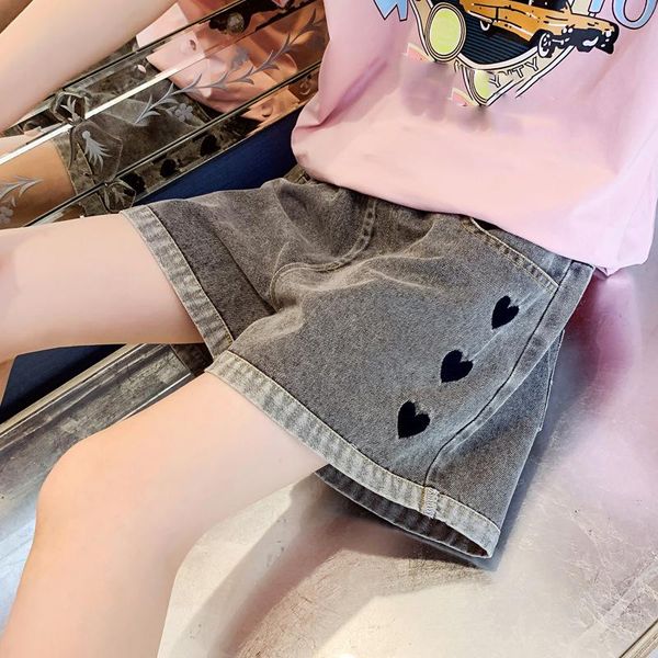 

shorts summer children's denim clothing 2021 korean big kids elastic band button pocket love pants casual girl jeans, Black