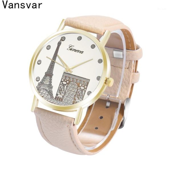 

vansvar ladies quartz wrist watch bracelet set tower printing pattern weaved leather dial wristwatches, Slivery;brown