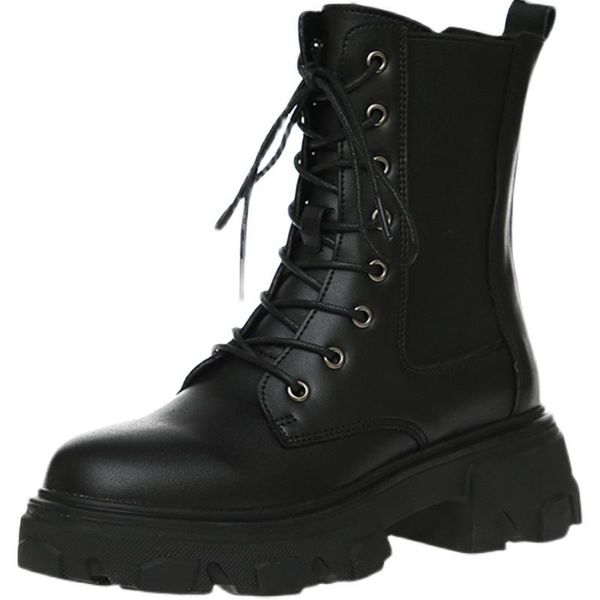 

boots ankle women 2021 winter high platform thick heels chunky flat shoes autumn punk leather motorcycle boat, Black