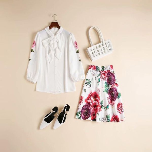 

ladies skirt summer fashion 2 piece women bow collar rose flower white shirts+vintage jacquard print skirt set
