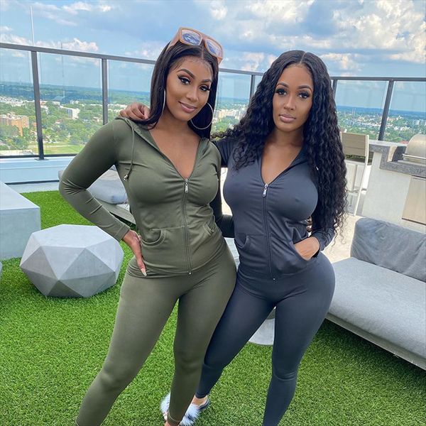 

jika autumn two piece womenpant set long sleeve hooded zipper pocket sporty jackets leggings matching sets workout stretchy outfits, White