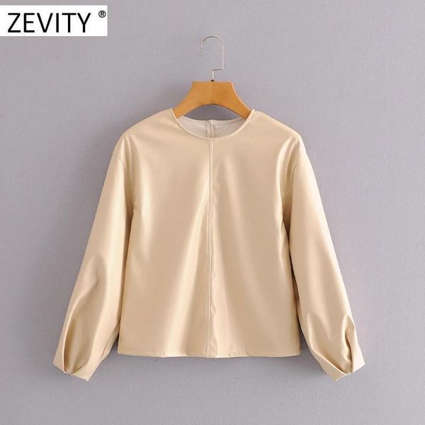 

women's blouses & shirts zevity women fashion solid color pu leather smock blouse female pleat lantern sleeve casual loose chic blusas, White