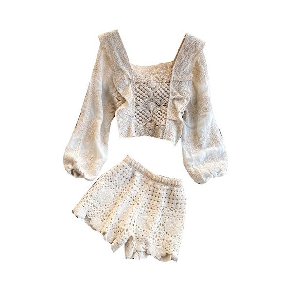 

women's two piece pants 2021 spring summer women vintage shorts sets hollow out crop and wide leg set, White