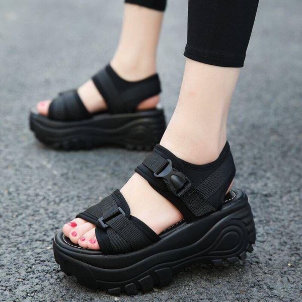 

sandals platform female summer 2021women thick bottom rainbow sole hook & loop shoe wedge with open toe shoes, Black