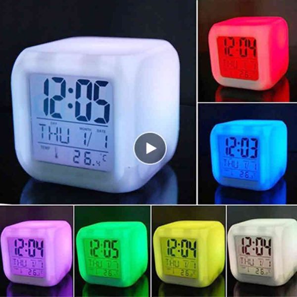 Schlafzimmer 7 Farben große LED-Änderung digital leuchtende Multifunktions-tragbarer Wecker Thermometer Heimdekoration