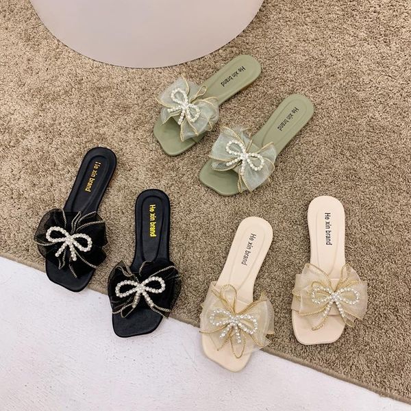 

slippers fashion slipper women mesh butterfly-knot sandals bordered shining string bead summer black elegant retro female