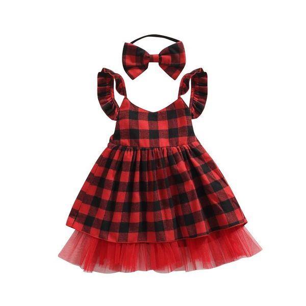 

girl's dresses 2pcs girls dress casual red plaid printed pattern sleeveless and headdress princess costume xmas baby clothing sundress, Red;yellow