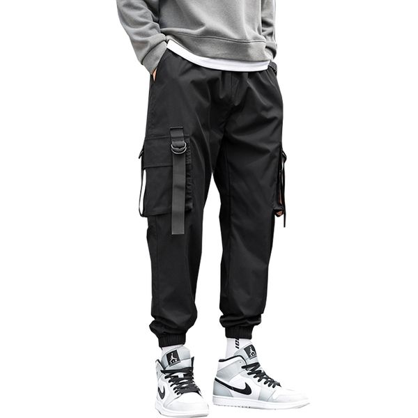 

men's pants streetwear black harem men ribbons pockets track male fashion trousers elastic waist hip hop joggers sweatpants m1yi