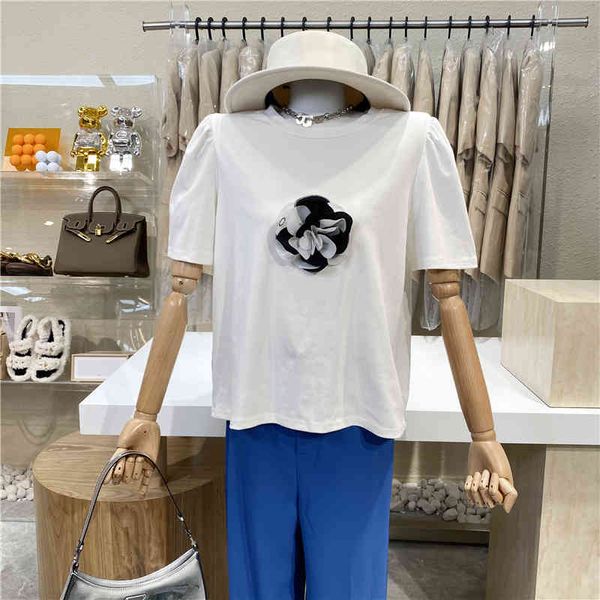 

niche design 2021 camellia shirt fashion bubble top, White