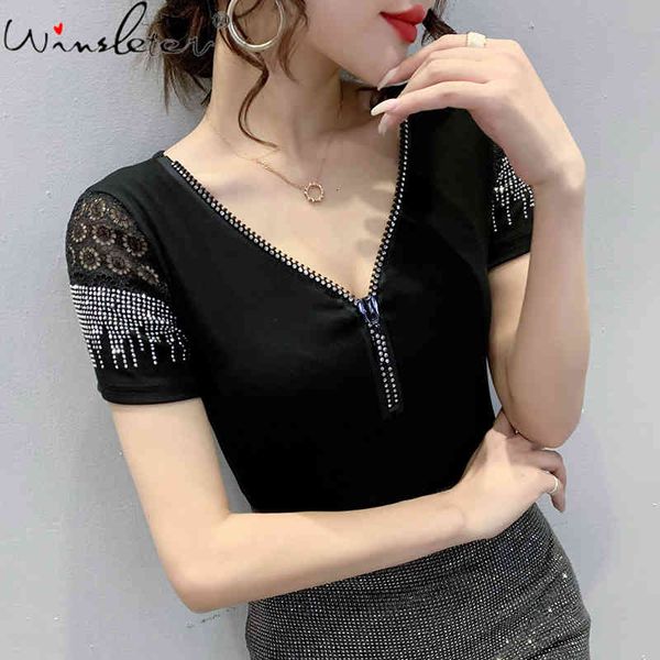 

women's t-shirt summer korean clothes pullover zipper shiny diamonds women short sleeve bottoming shirt tees 2021 t14035, White