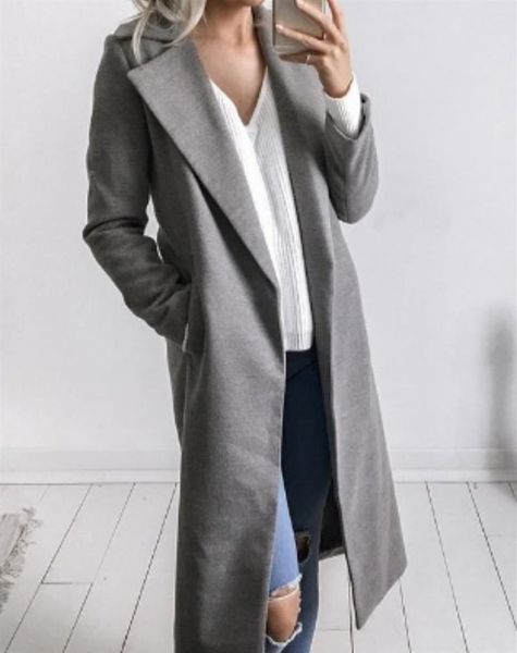 

women's wool & blends european and american winter long-sleeved solid color lapel pocket woolen jacket seven colorsladies sleeve, Black