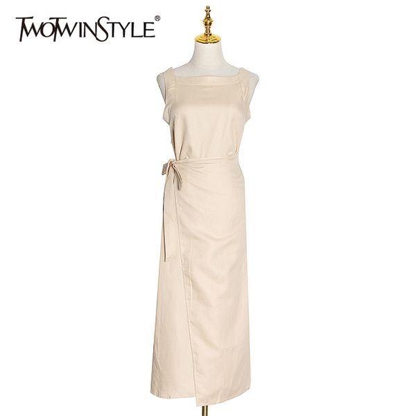 

elegant women dress o neck sleeveless high waist lace up asymmetrical split midi dresses for female fashion clothes 210520, Black;gray