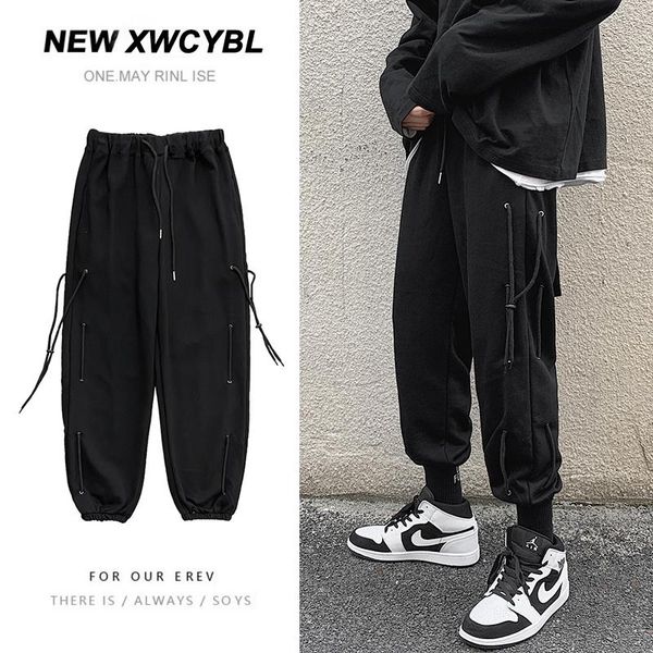 

autumn hip-hop pants men's fashion solid color drawstring casual men streetwear loose korean straight trousers mens s-3xl, Black