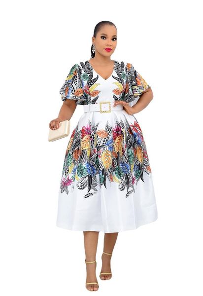 

ethnic clothing african dresses for women summer short sleeve printing v-neck polyester dress clothes, Red