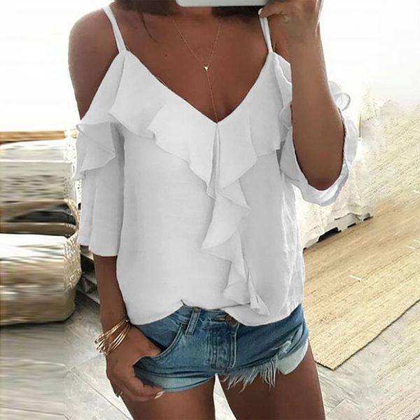 

women's blouses & shirts off shoulder blouse v neck t-shirts casual fashion loose ruffle strapless halter one #4, White