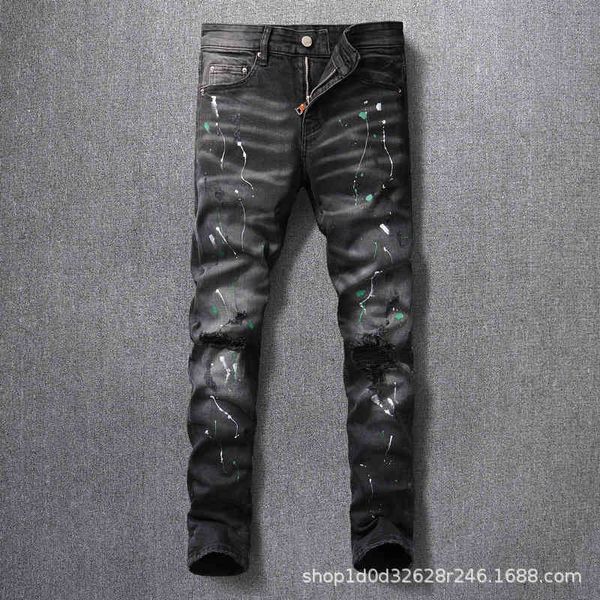 

street fashion men's jeans with holes painted old black grey am slim fit punk hip hop pants, Blue