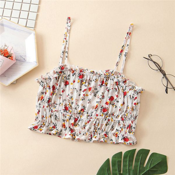 

spaghetti strap floral graphic crop fashion printing backless ruched camis chic summer cute tank 210430, White