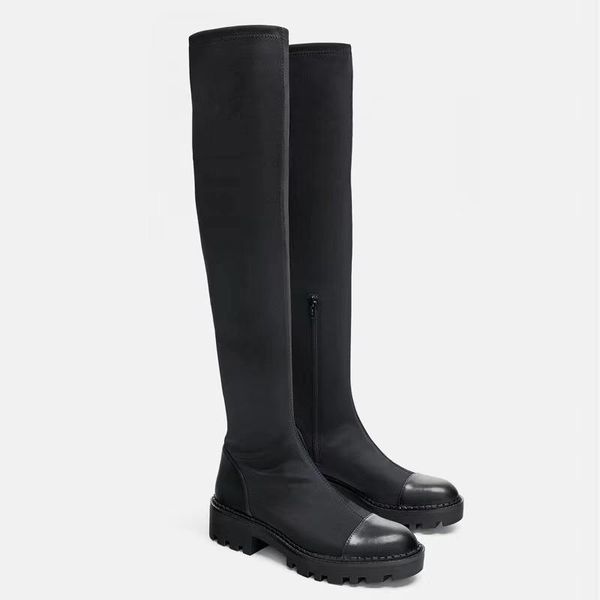 

boots overknee elastic force head thickness bottom side black sole flat high