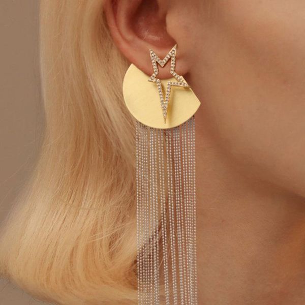 

dangle & chandelier fashion hyperbole star catwalkearrings highquality gold round five-pointed fringe long earrings for women's banquet, Silver