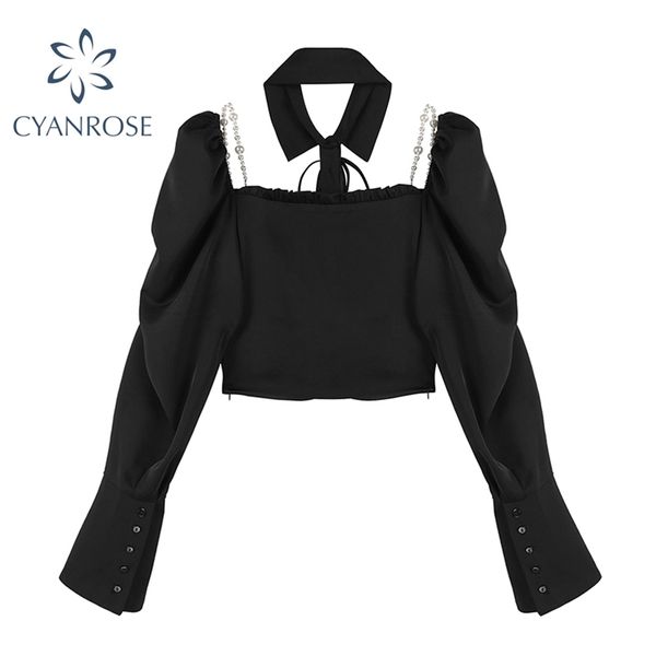

black vintage crop blouses puff long sleeve french flannel bodycon shirts female e-girl aesthetic y2k party club pearl 210430, White