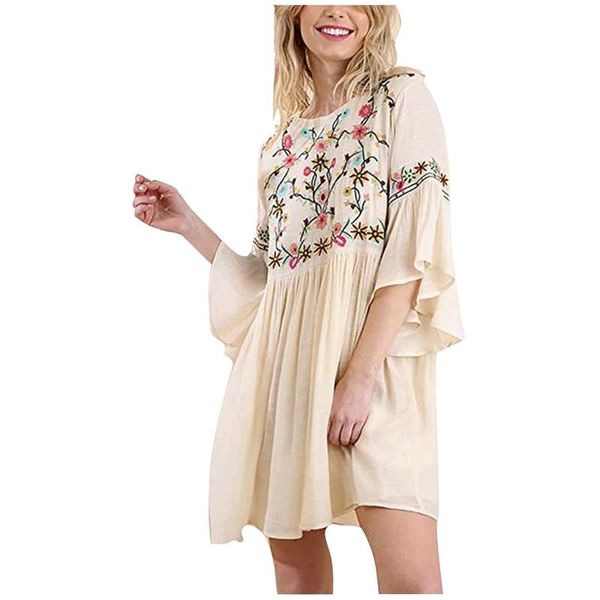 

party dresses ethnic casual summer women embroidery flowers fold mini dress half flare sleeve o neck loose boho beach vestidos, White;black
