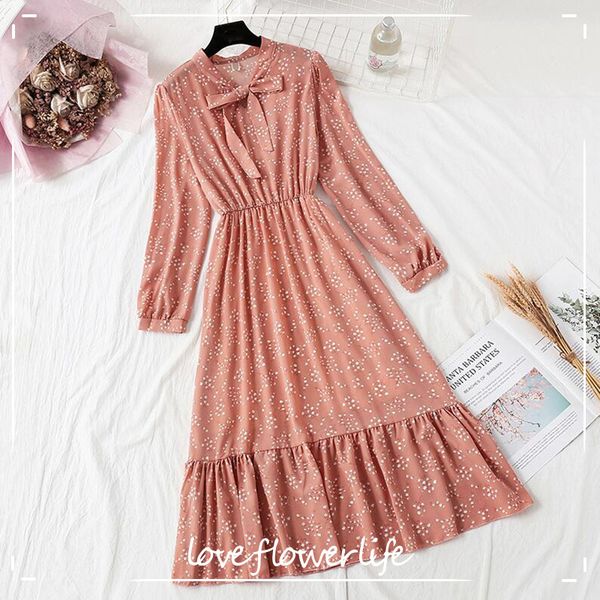 

women dot print chiffon dress spring autumn long sleeve fashion female elegant long dress bow ruffles robe women dresses 210521, Black;gray