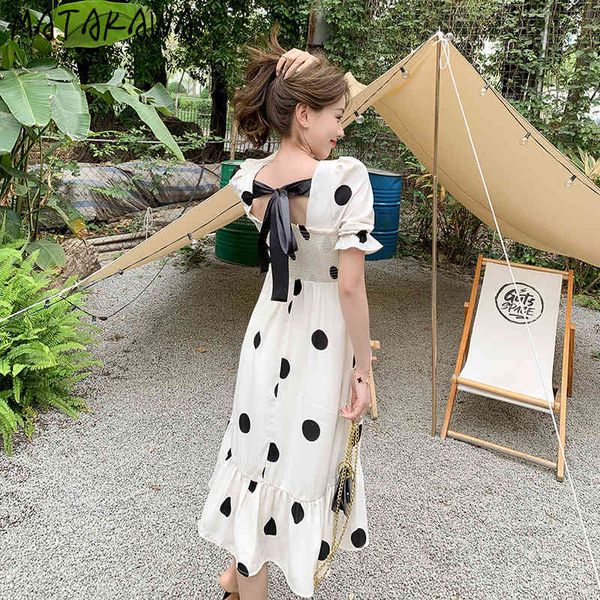 

matakawa vintage polka dot dresses female summer vestidos slim waist square collar dress for women puff sleeve long robes 210513, Black;gray