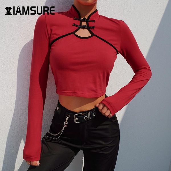 

women's t-shirt iamsure hollow out tee shirt for women chinese style slim outfits crop 2021 autumn streetwear long sleeve female to, White