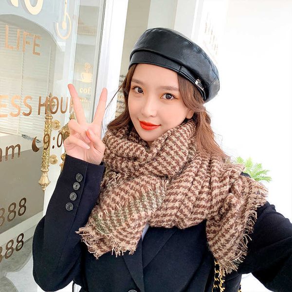 

2021 winter thousand bird lattice loose beard women's imitation cashmere warm thickened scarf knitted widened shawl, Blue;gray