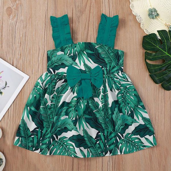 

girl's dresses summer 2021 arrivals girls cute dress strap green bow print leaves girl streetwear 0-2t, Red;yellow